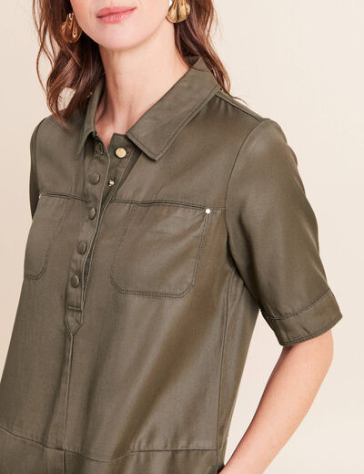 Robe droite courte enduite col chemise vert kaki femme