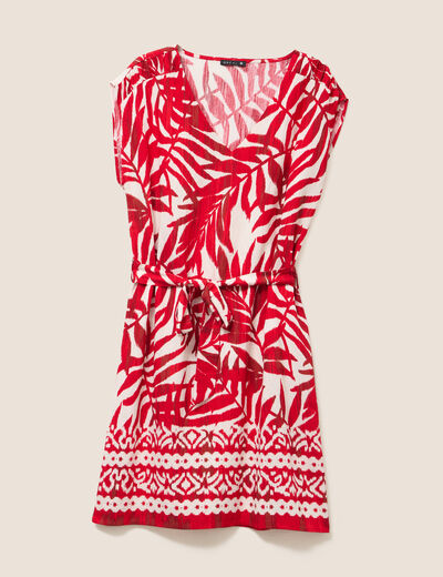 Robe droite courte col V manches courtes ecru femme