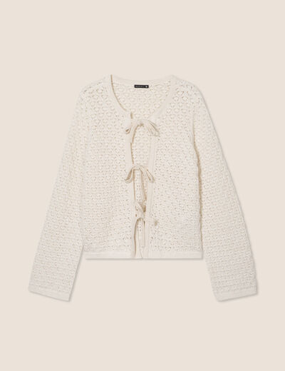 Gilet droit mi-long col V ecru femme