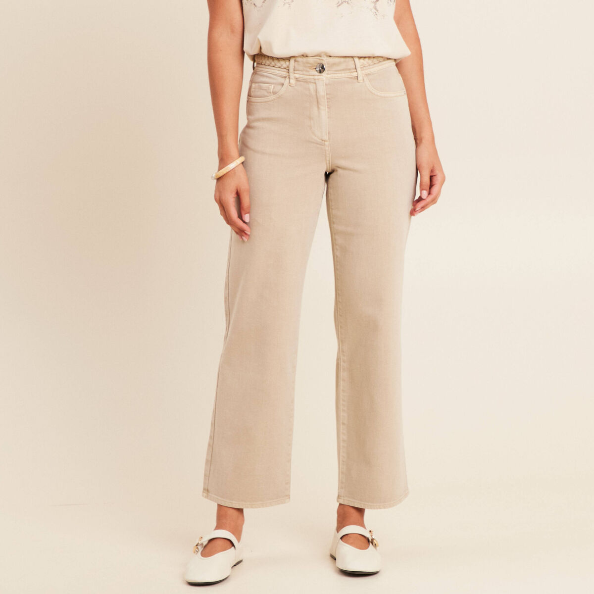 Jean coupe large 7/8&egrave;me taille haute denim beige femme