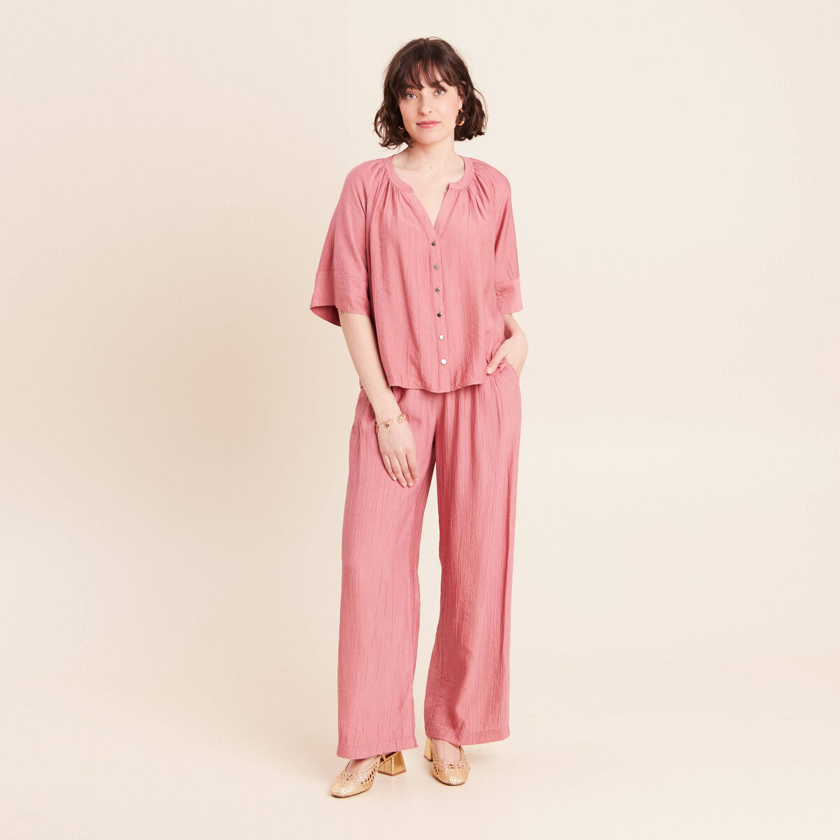 Pantalon fluide taille haute mauve femme