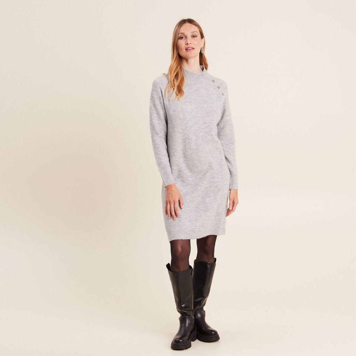 Robe pull droite col montant gris clair femme