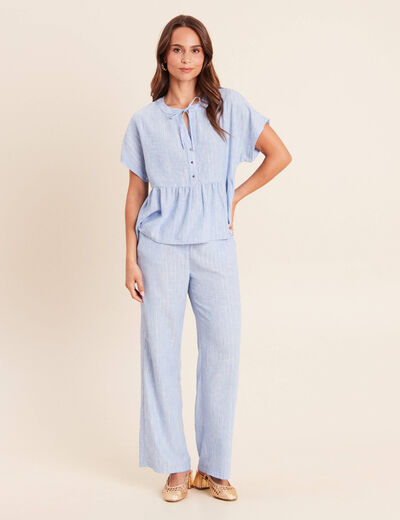 Blouse ample col v manches courtes bleu femme