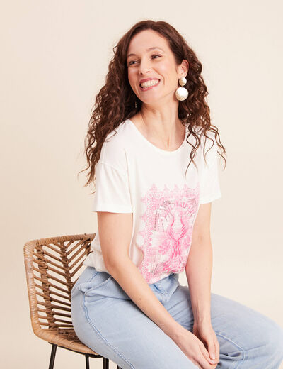 T-shirt col rond manches courtes brod&eacute; ecru femme