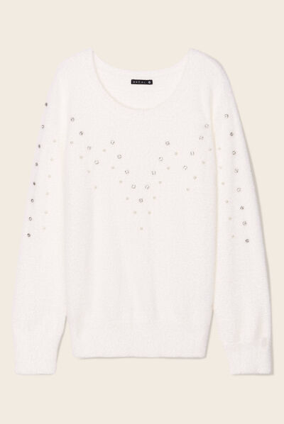 Pull manches longues strass ecru femme