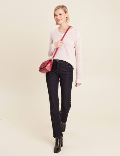 Pull manches longues col en V rose clair femme