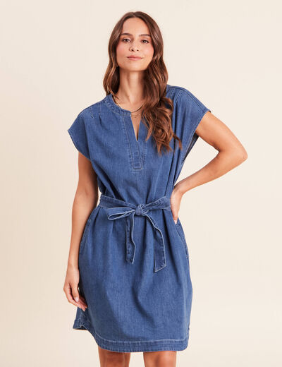 Robe droite courte manches tr&egrave;s courtes denim double stone femme