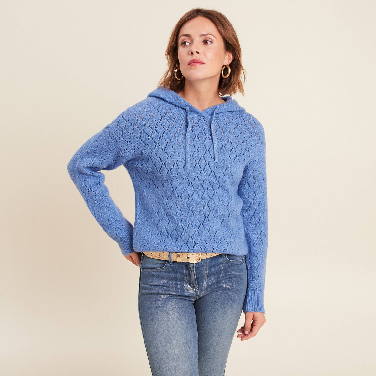 Pull à Capuche Blue Banana - Col V - Motif Fair Isle Gris Clair - Neuf Avec étiquettes - Taille Régulière Femme