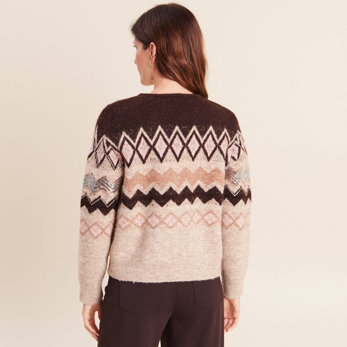 Cardigan jacquard col rond marron femme