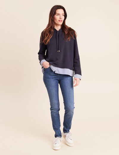 Sweat &agrave; capuche manches longues bleu marine femme