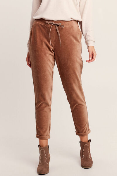 Pantalon cigarette velours marron clair femme