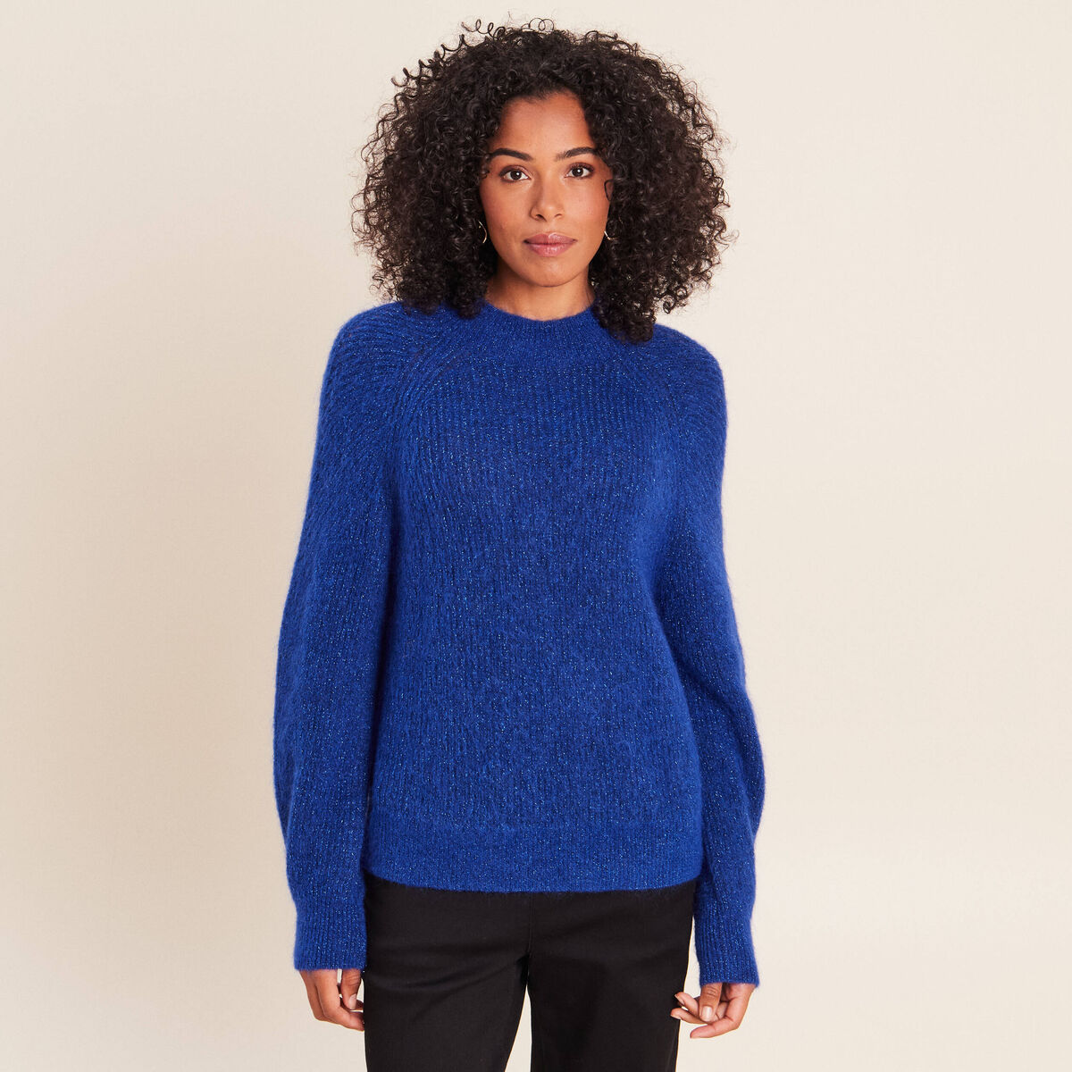 Pull droit col montant manches longues bleu electrique femme
