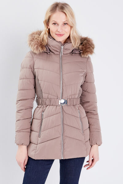 Doudoune cintrée à capuche marron clair femme