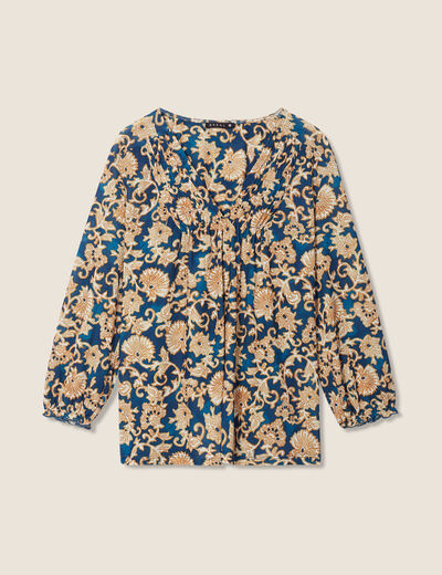 Blouse manches 3/4 col smocké bleu foncé femme