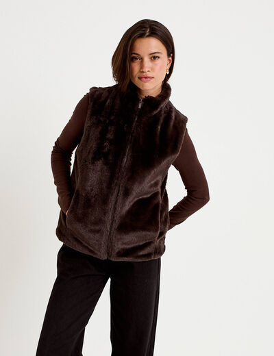Veste sans manches fermeture zipp&eacute;e marron fonc&eacute; femme