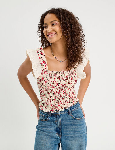 Débardeur smocké brodé blanc femme