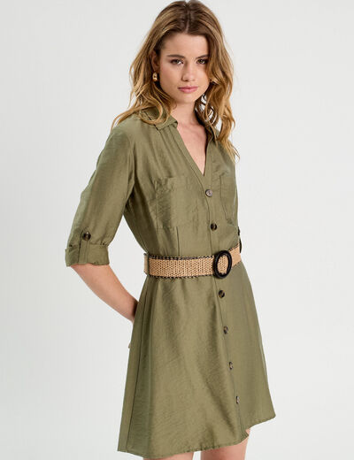 Robe chemise trapèze ceinturée vert kaki femme