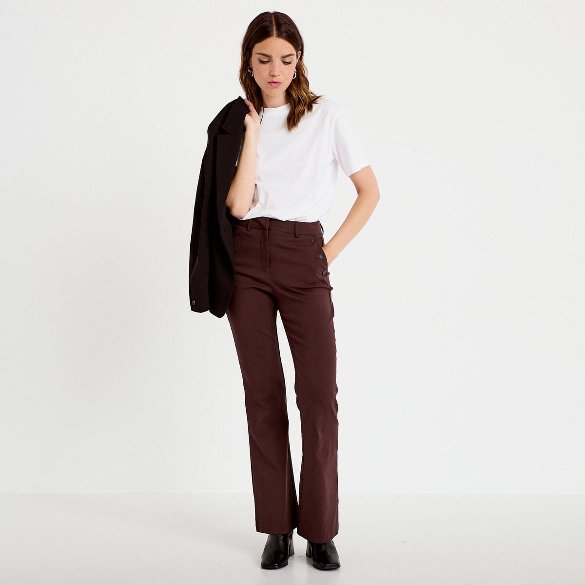 Pantalon bootcut &agrave; pont marron fonc&eacute; femme