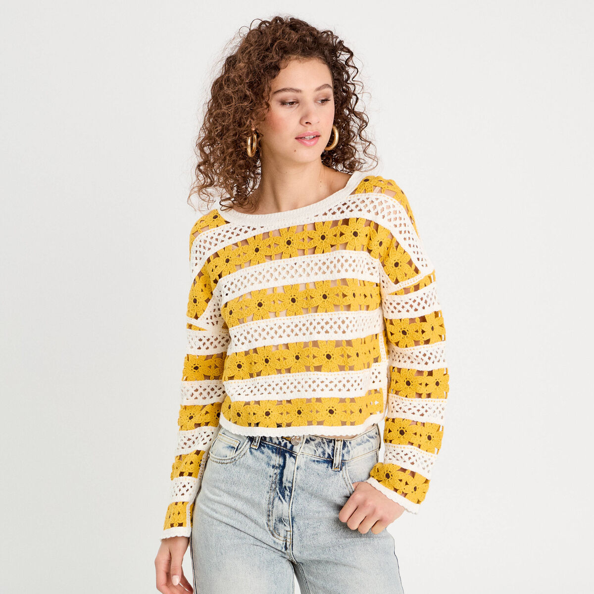 Pull ajouré effet crochet jaune citron femme