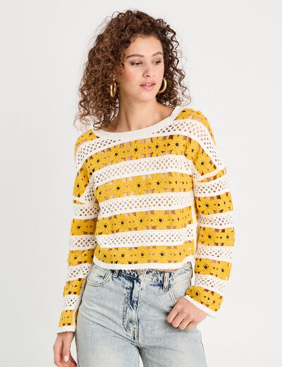 Pull ajouré effet crochet jaune citron femme