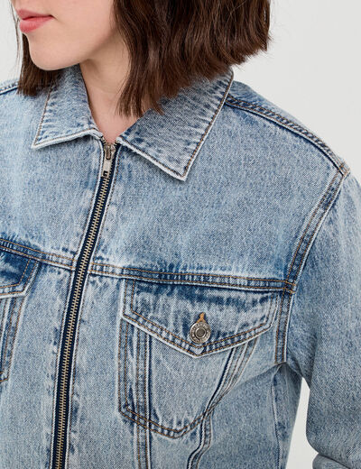 Veste zippée en jean denim stone femme