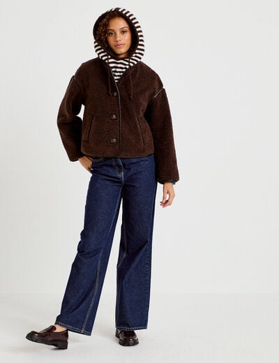 Veste effet polaire manches longues marron fonc&eacute; femme
