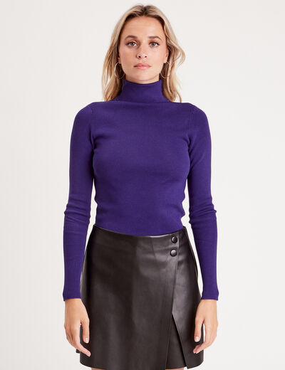 Pull côtelé col roulé violet femme