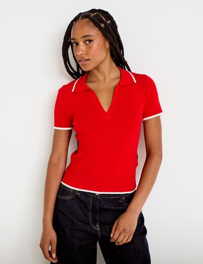 Pull manches courtes col polo rouge femme