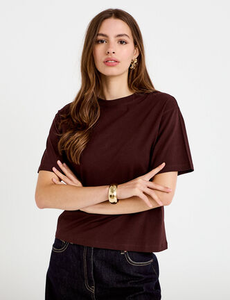 T-shirt col rond manches courtes marron fonc&eacute; femme