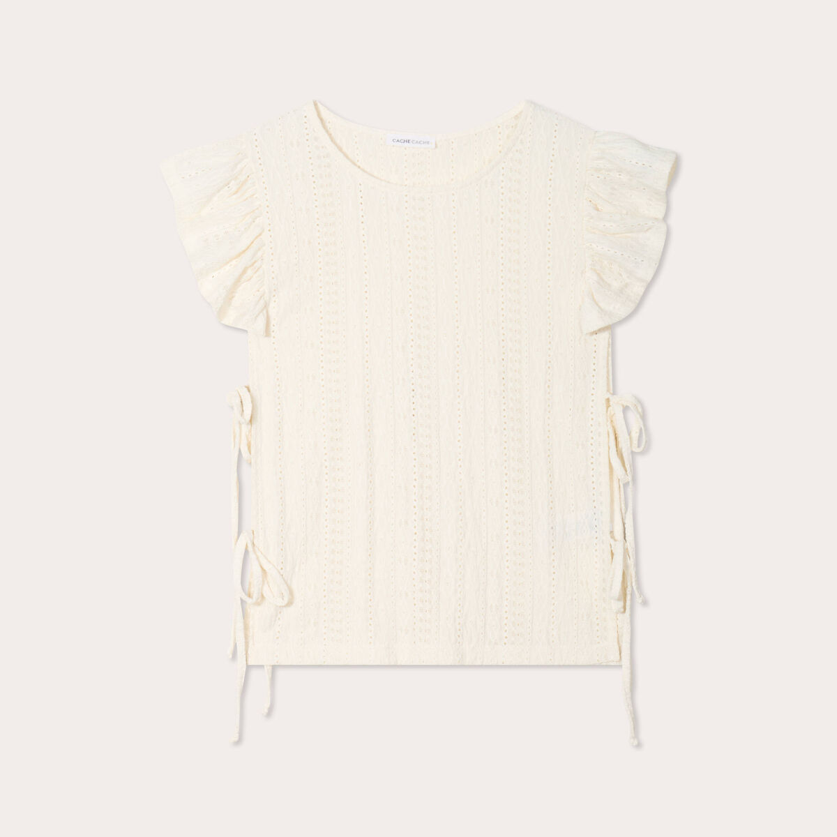 T-shirt brod&eacute; avec volants ecru femme