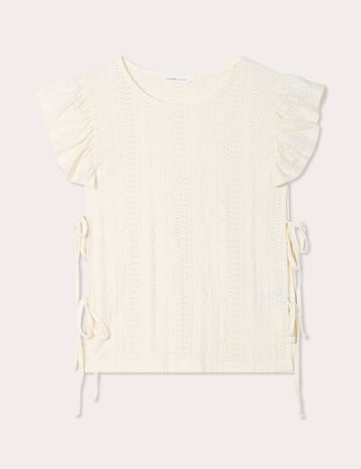 T-shirt brodé avec volants ecru femme