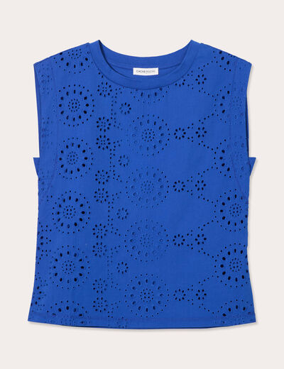 T-shirt sans manches brodé bleu electrique femme