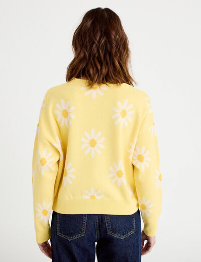 Gilet col v motif fleur jaune clair femme