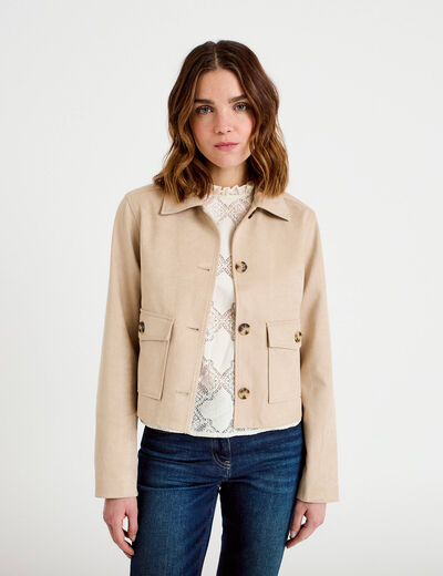 Veste droite cropped aspect daim beige femme