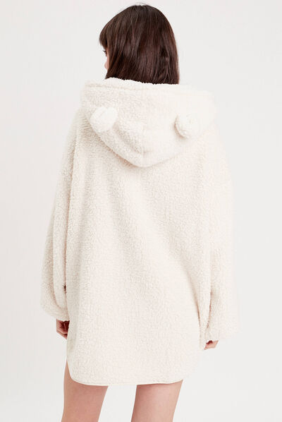 Poncho laine mouton à capuche ecru femme