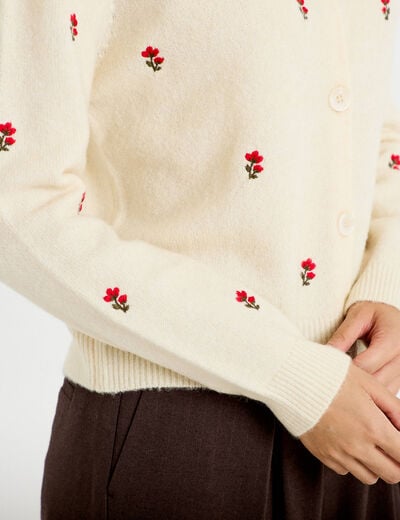 Gilet manches longues broderies col rond beige femme