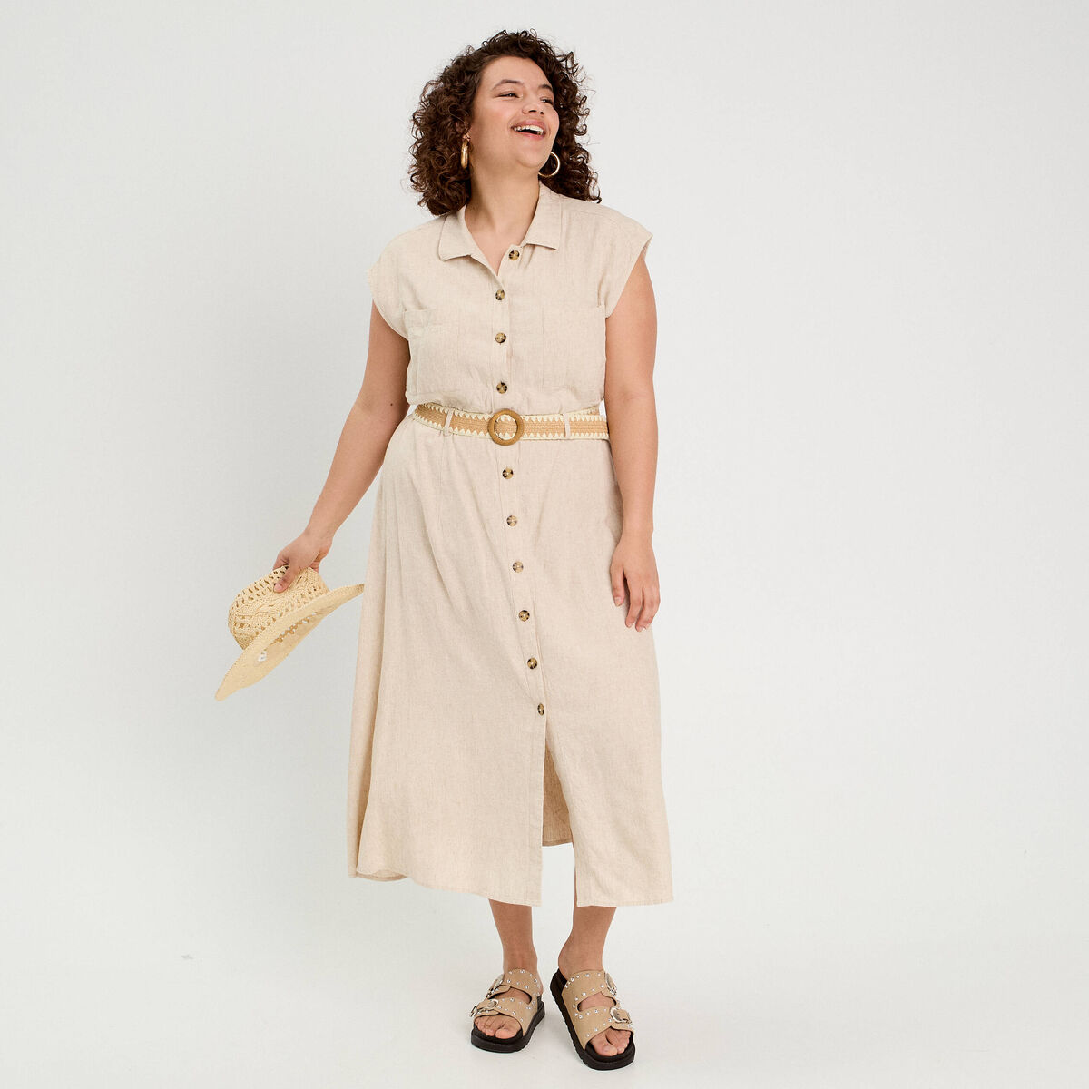 Robe chemise midi contenant du lin beige femme