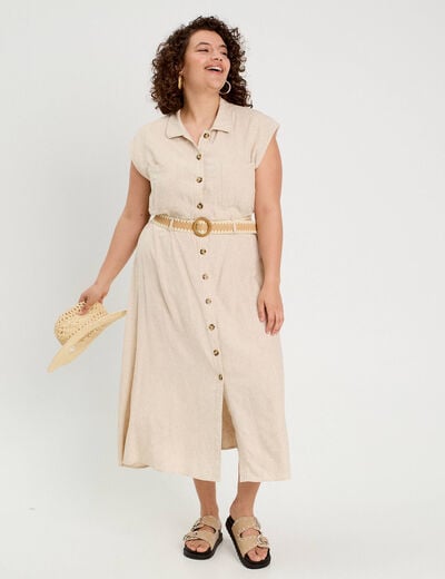 Robe chemise midi contenant du lin beige femme