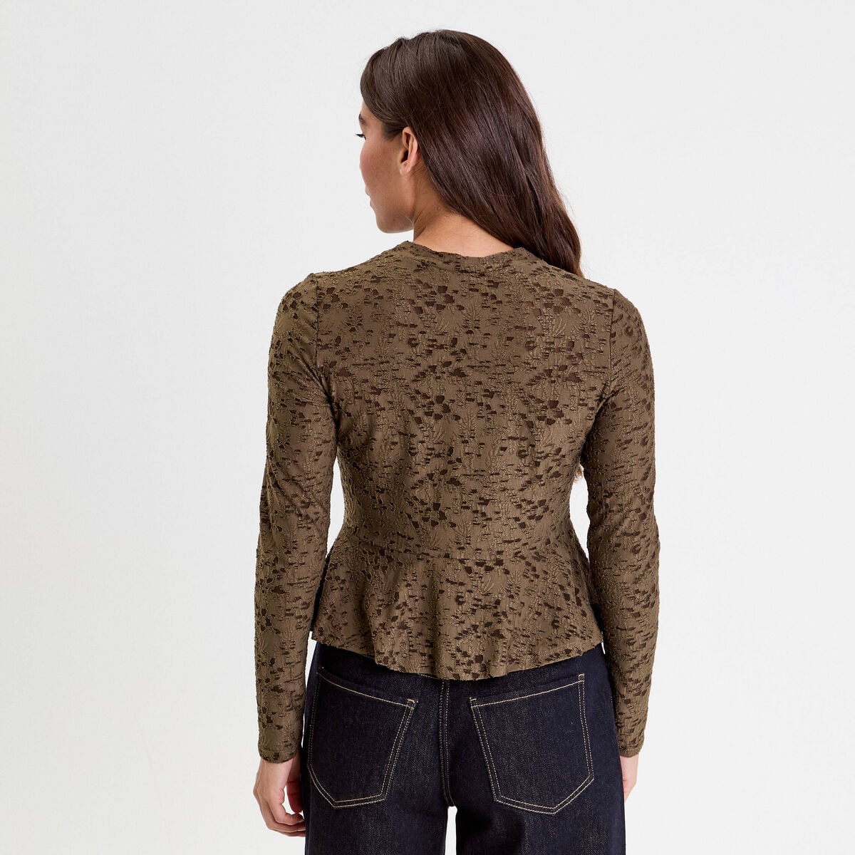 Blouse ajust&eacute;e col rond manches longues vert kaki femme