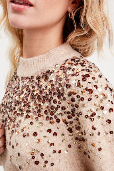 Pull sequins et strass beige femme