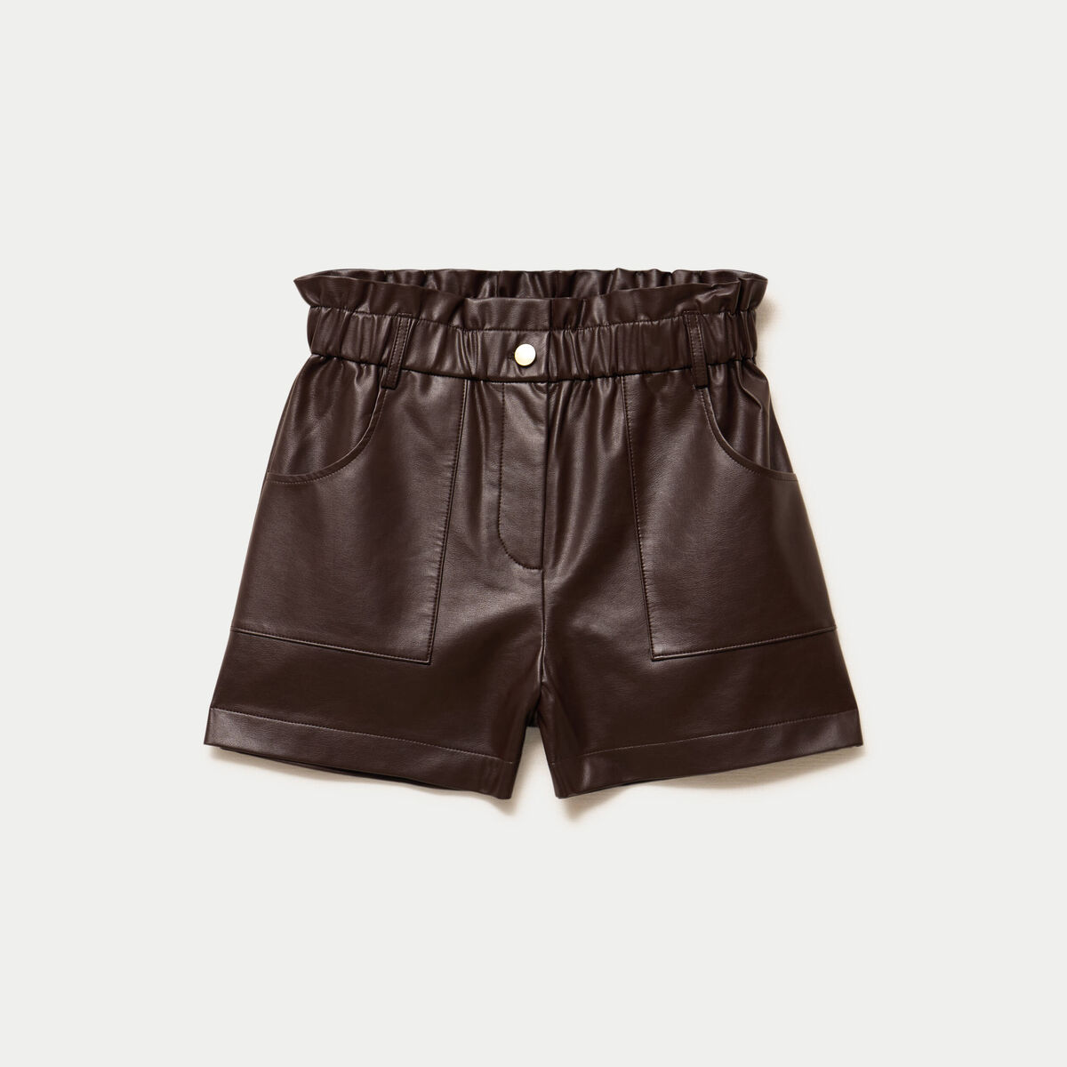 Short large taille haute en similicuir marron fonc&eacute; femme