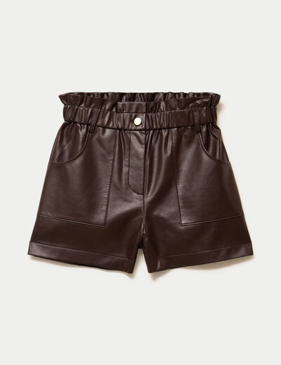 Short large taille haute en similicuir marron fonc&eacute; femme