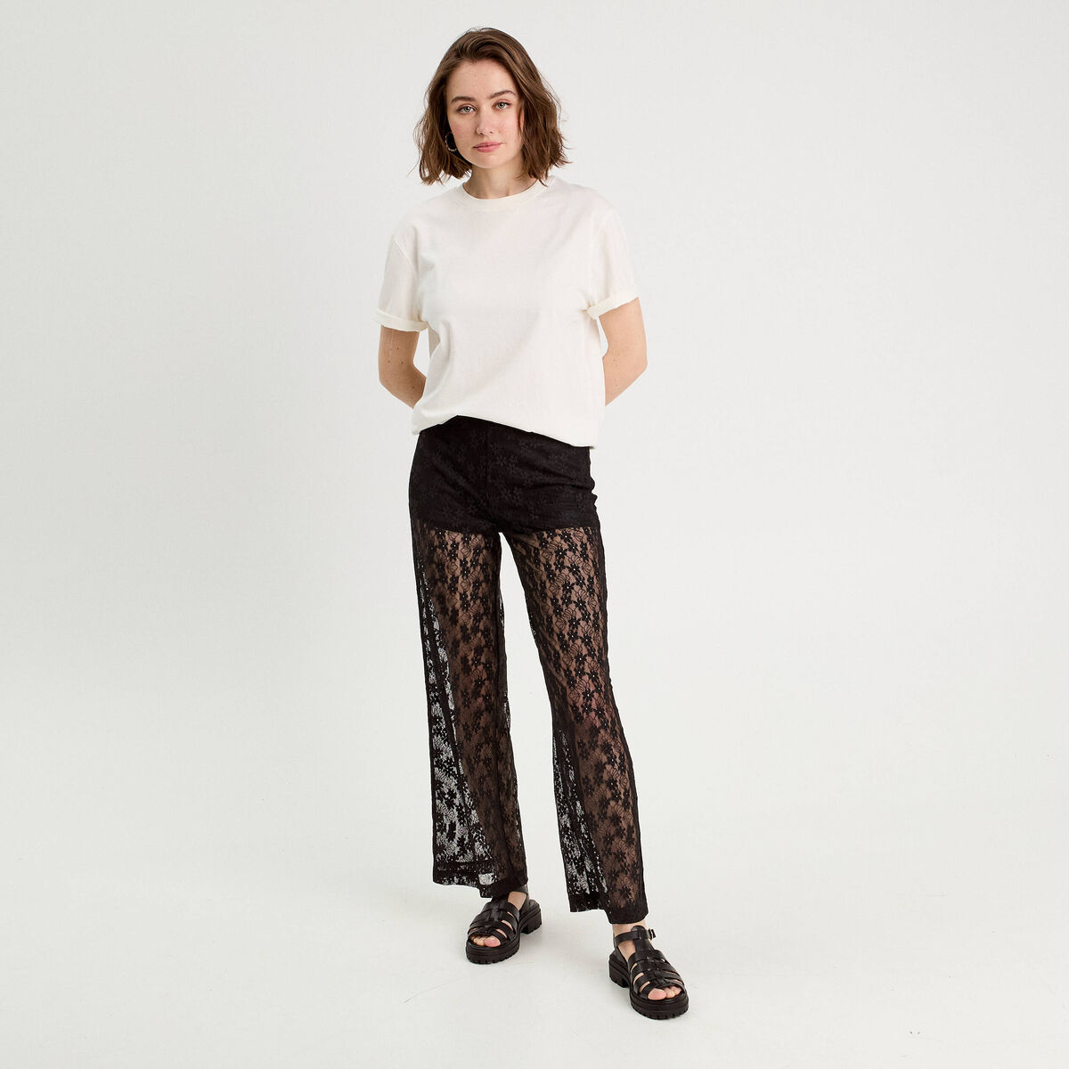 Pantalon dentelle large noir femme