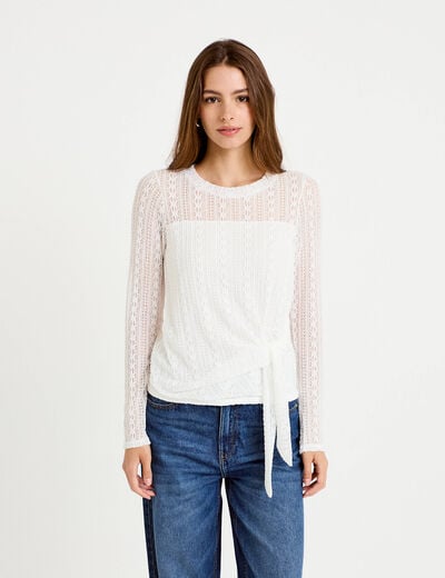 Top droit manches longues dentelle ecru femme