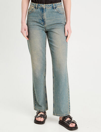 Jeans droit bride arrière denim bleach femme