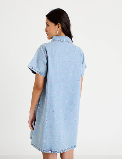 Robe en jean brod&eacute;e bleu fonc&eacute; femme