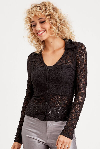 Chemise dentelle col polo noir femme