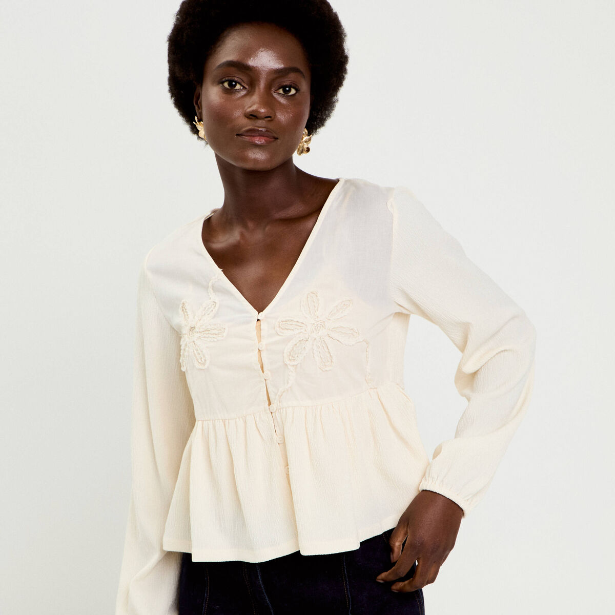 Blouse brod&eacute;e ecru femme