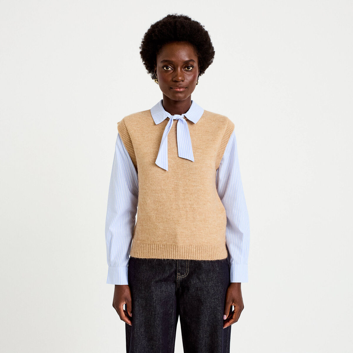 Pull fin 2-en-1 manches longues beige femme
