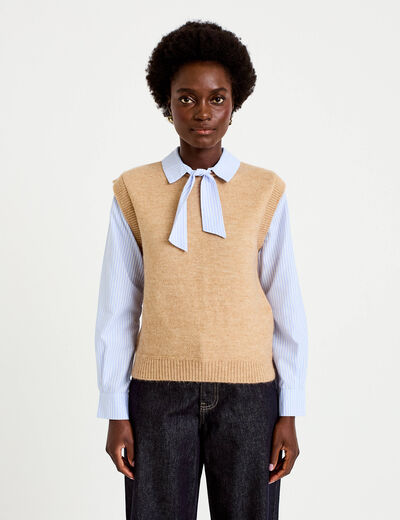 Pull fin 2-en-1 manches longues beige femme